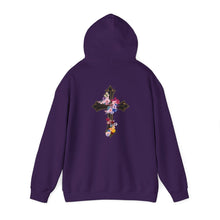 Load image into Gallery viewer, Back Design of Flower Covered Cross - Unisex Fit Heavy Blend™ Hooded Sweatshirt
