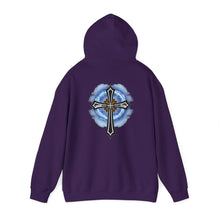 Load image into Gallery viewer, Back Design of Lightening &amp; Clouds Cross - Unisex Heavy Blend™ Hooded Sweatshirt
