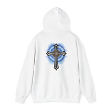 Load image into Gallery viewer, Back Design of Lightening &amp; Clouds Cross - Unisex Heavy Blend™ Hooded Sweatshirt
