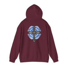 Load image into Gallery viewer, Back Design of Lightening &amp; Clouds Cross - Unisex Heavy Blend™ Hooded Sweatshirt
