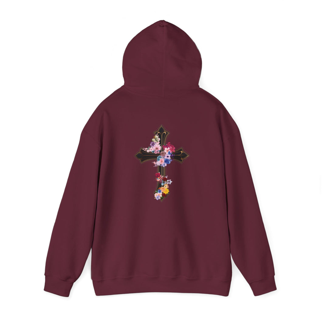 Back Design of Flower Covered Cross - Unisex Fit Heavy Blend™ Hooded Sweatshirt