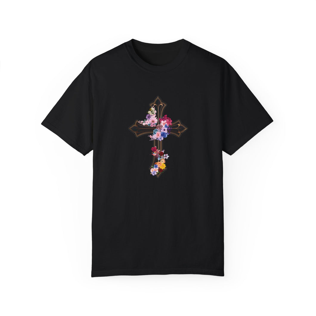 Flower Covered Cross - Unisex Garment-Dyed T-shirt