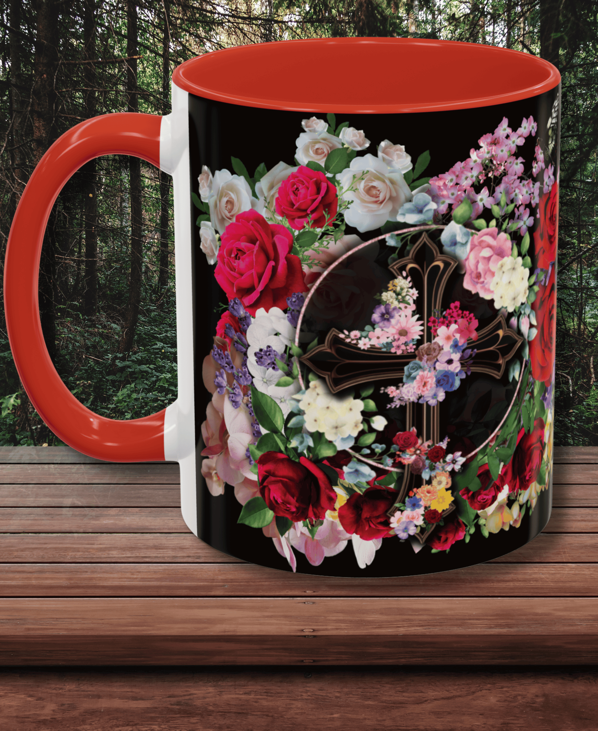New! Flower Covered Cross - Accent Coffee Mug (11, 15oz) – Magnify