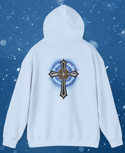 Load image into Gallery viewer, Back Design of Lightening &amp; Clouds Cross - Unisex Heavy Blend™ Hooded Sweatshirt
